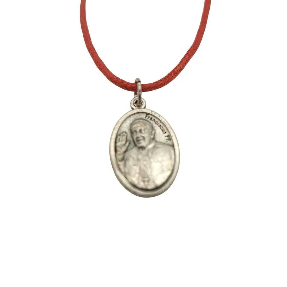 Pope Francis Franciscus PP Religious Medal Pendant Red Cord Necklace Silver Tone